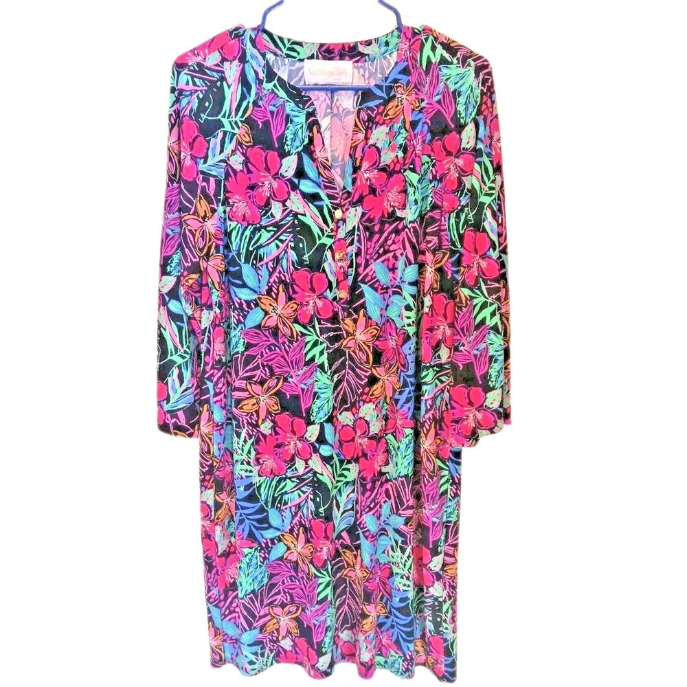 Pappagallo Tropical Floral Dress 3/4 Sleeve Gold Parrot Buttons Sheath Size M